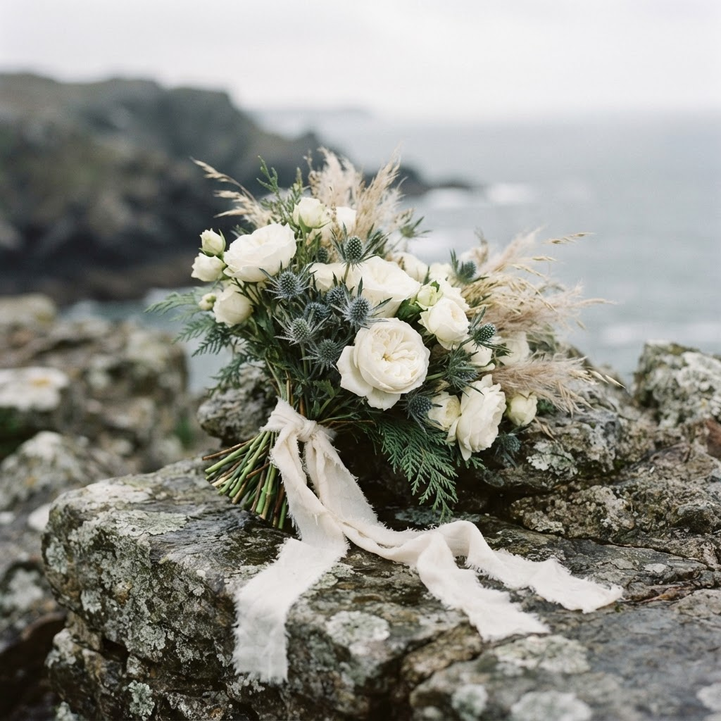 Ranunculus and cedar in a low brass vessel