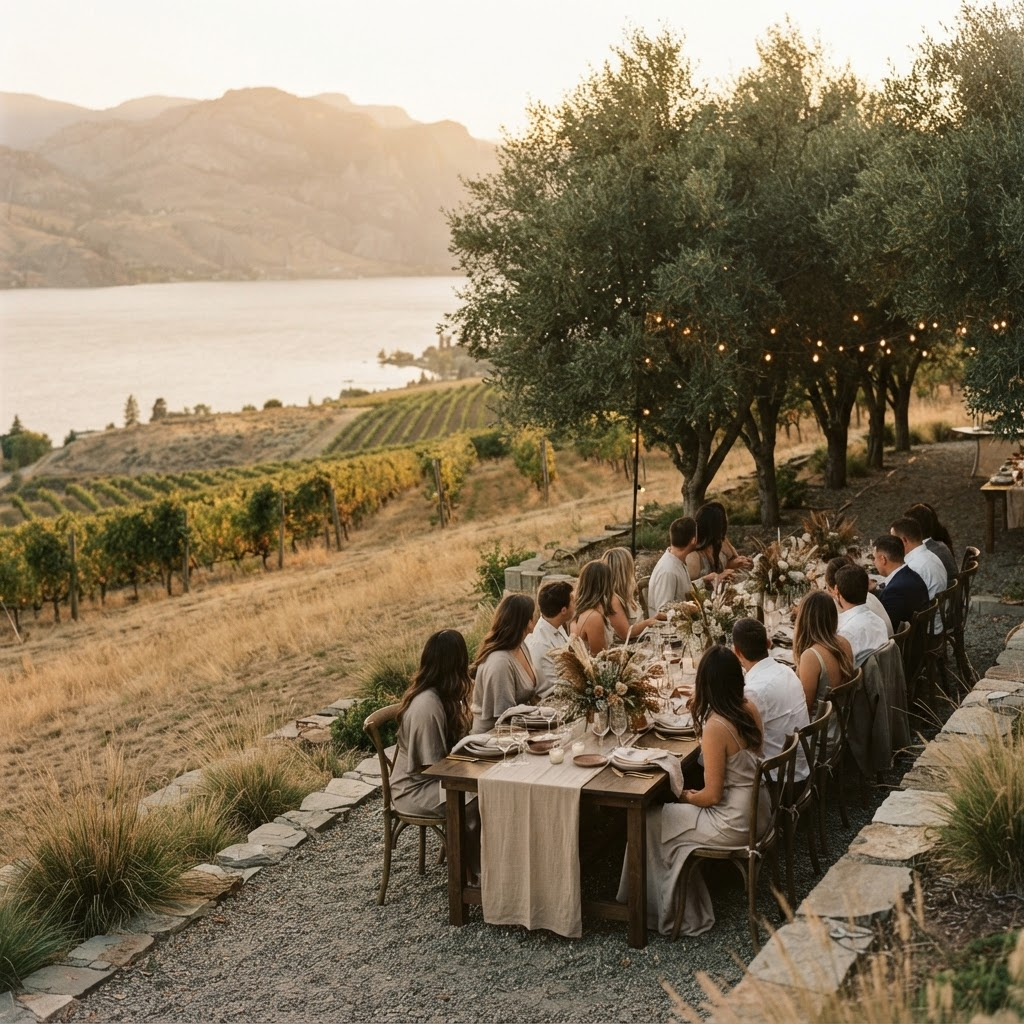 Vineyard rows above Okanagan Lake