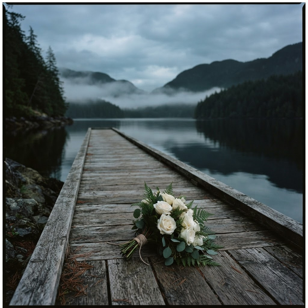 A cedar dock in a still fjord at dusk