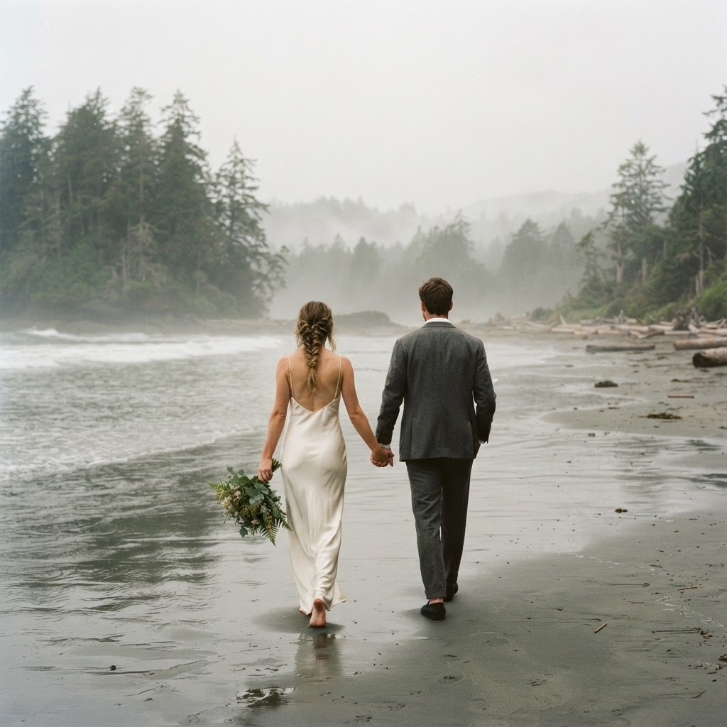 Elise and Tom walking the tide line at Chesterman Beach in September fog