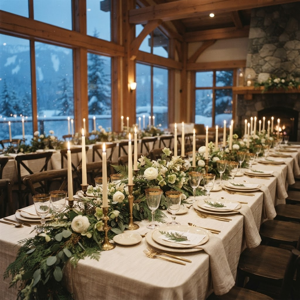 Candlelit dinner at a Whistler lodge in winter